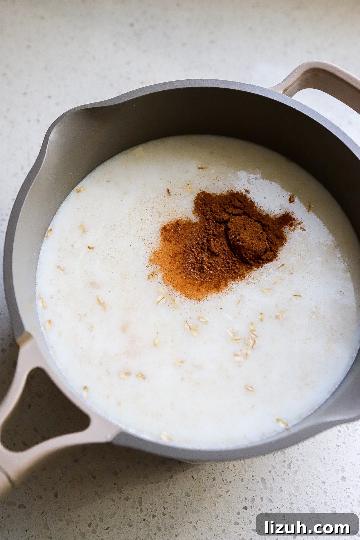 side view of milk and oats and cinnamon on the stove on grey pot