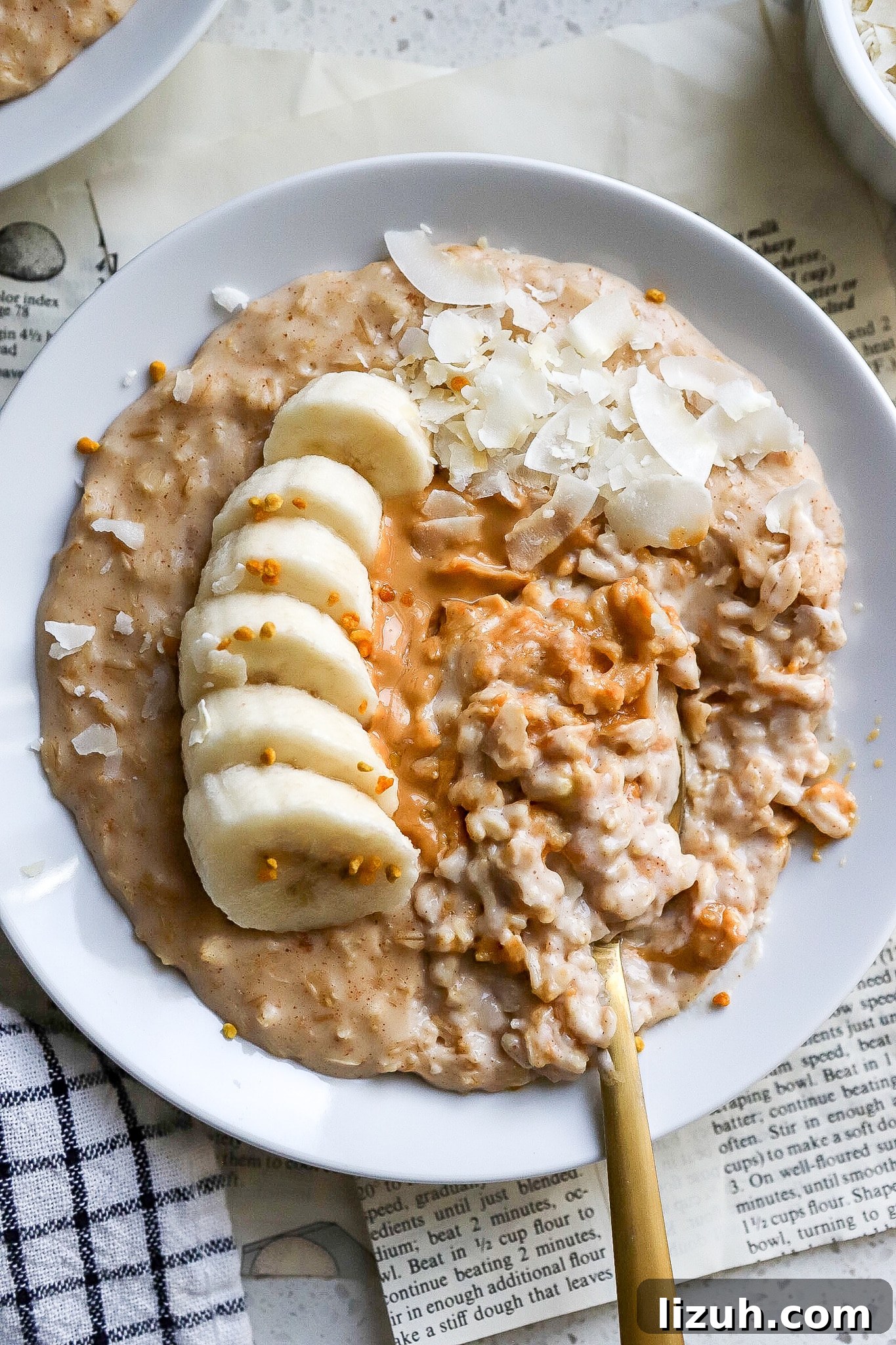top down view of the creamiest oatmeal in white bowl with toppings