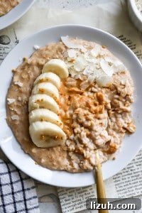 top down view of the creamiest oatmeal in white bowl with toppings