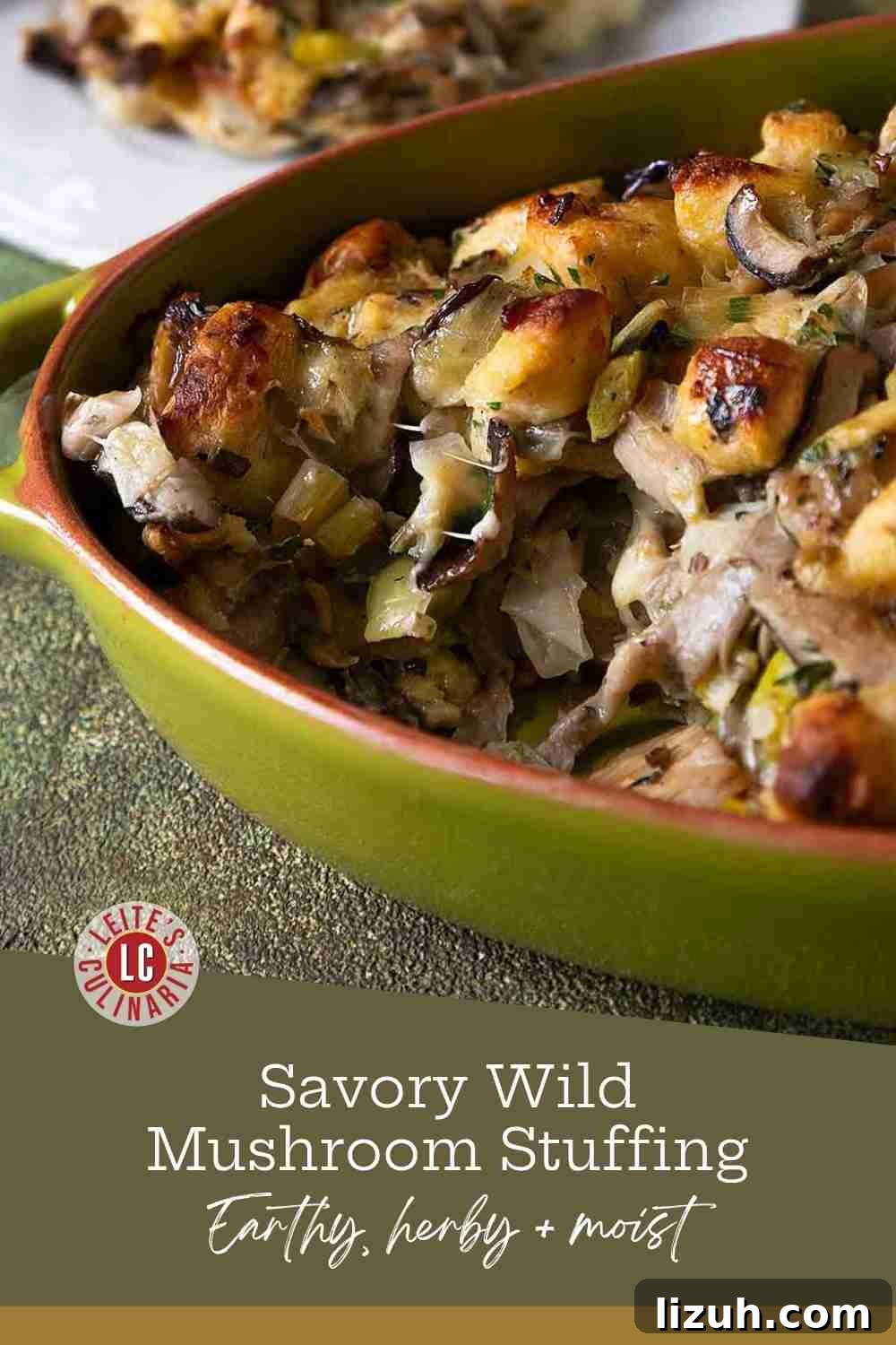 Wild mushroom and sourdough stuffing garnished with fresh parsley, ready to be served.
