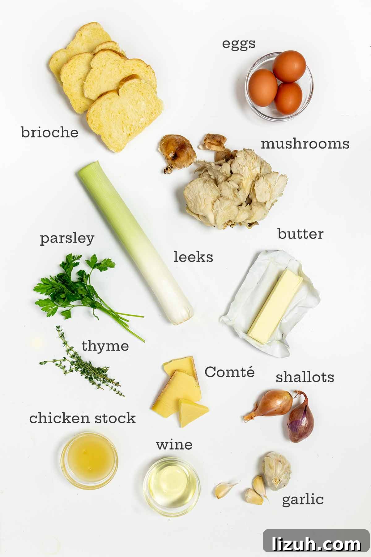 Ingredients for wild mushroom stuffing--bread, mushrooms, eggs, butter, cheese, herbs, shallots, garlic, stock, and wine.