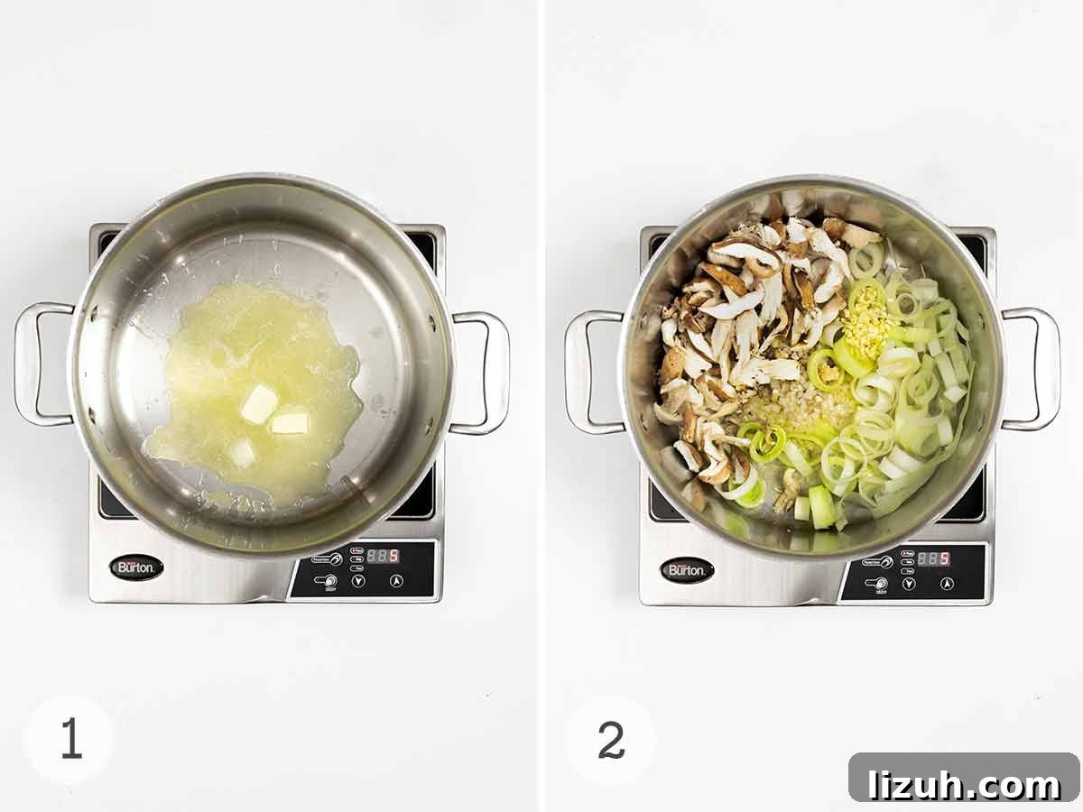Butter melting in a pot, then mushrooms, leek, and garlic added to the pot.