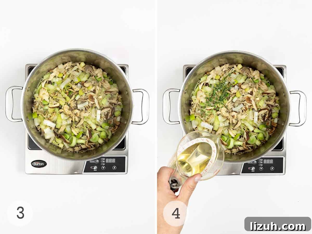 Sauteed vegetables in a pot and a person pouring wine into the pot.