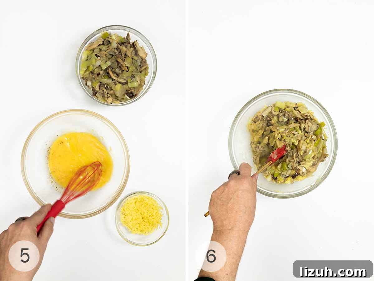 A person whisking eggs, then adding sauteed vegetables and grated cheese to the eggs.