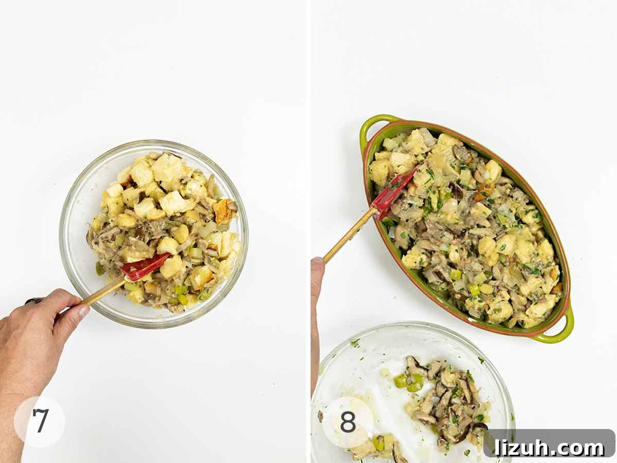 A person mixing wild mushroom stuffing in a bowl and adding it to a casserole dish.
