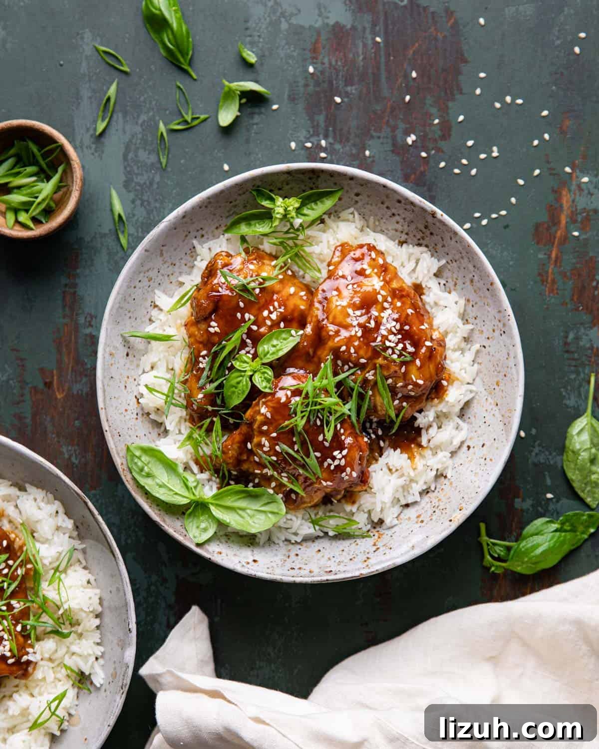 Air fryer teriyaki chicken over a bed or rice.