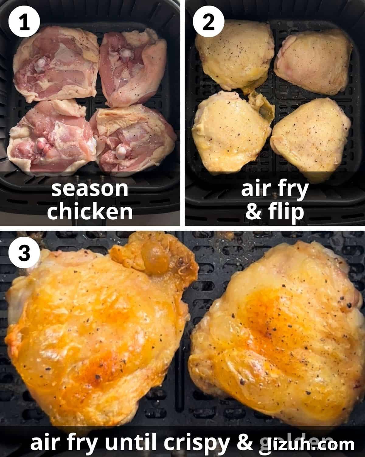 A 3 photo collage showing how to make crispy bone in chicken thighs in the air fryer.