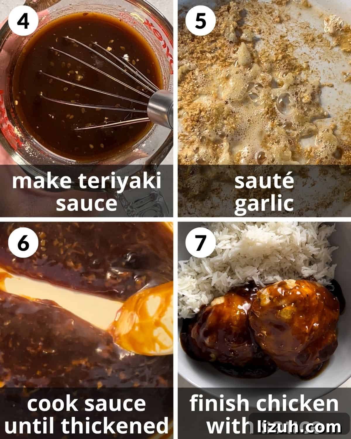 A 4 photo collage showing how to make the homemade teriyaki sauce.