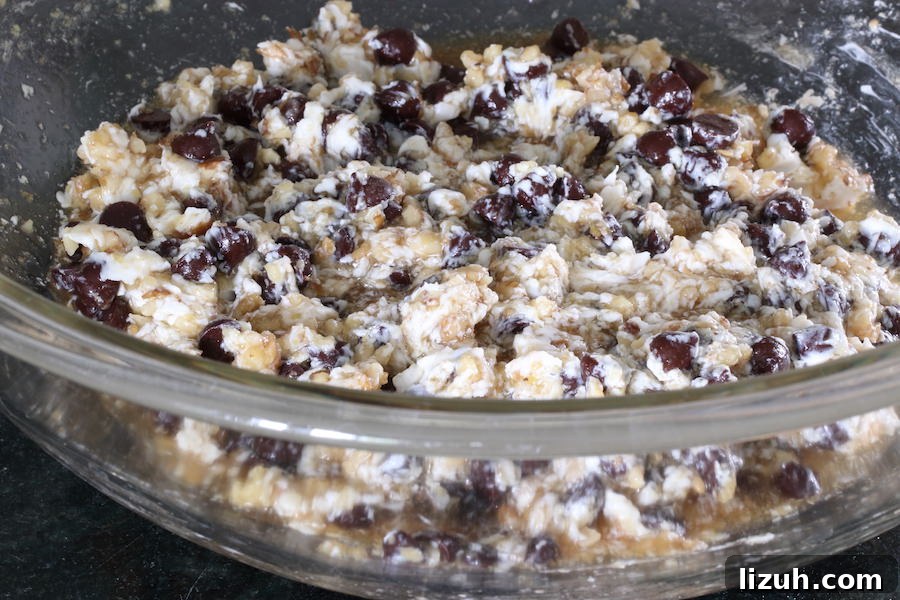 Chocolate chips and walnuts mixed into wet ingredients