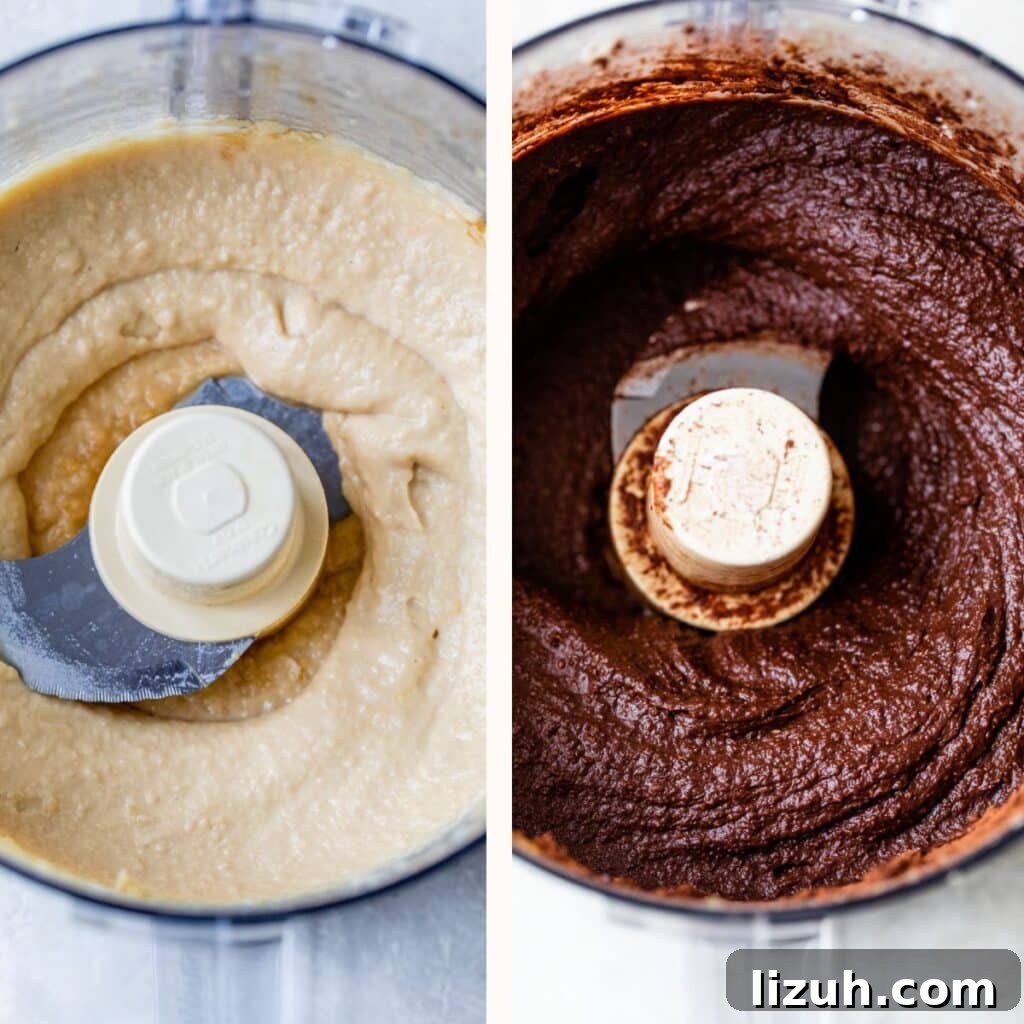 Decadent Chickpea Brownies Recipe — Fudgy, Gluten-Free Treat 3 side-by-side photos with the left photo showing blended chickpeas and the right photo showing the chickpeas and chocolate blended together