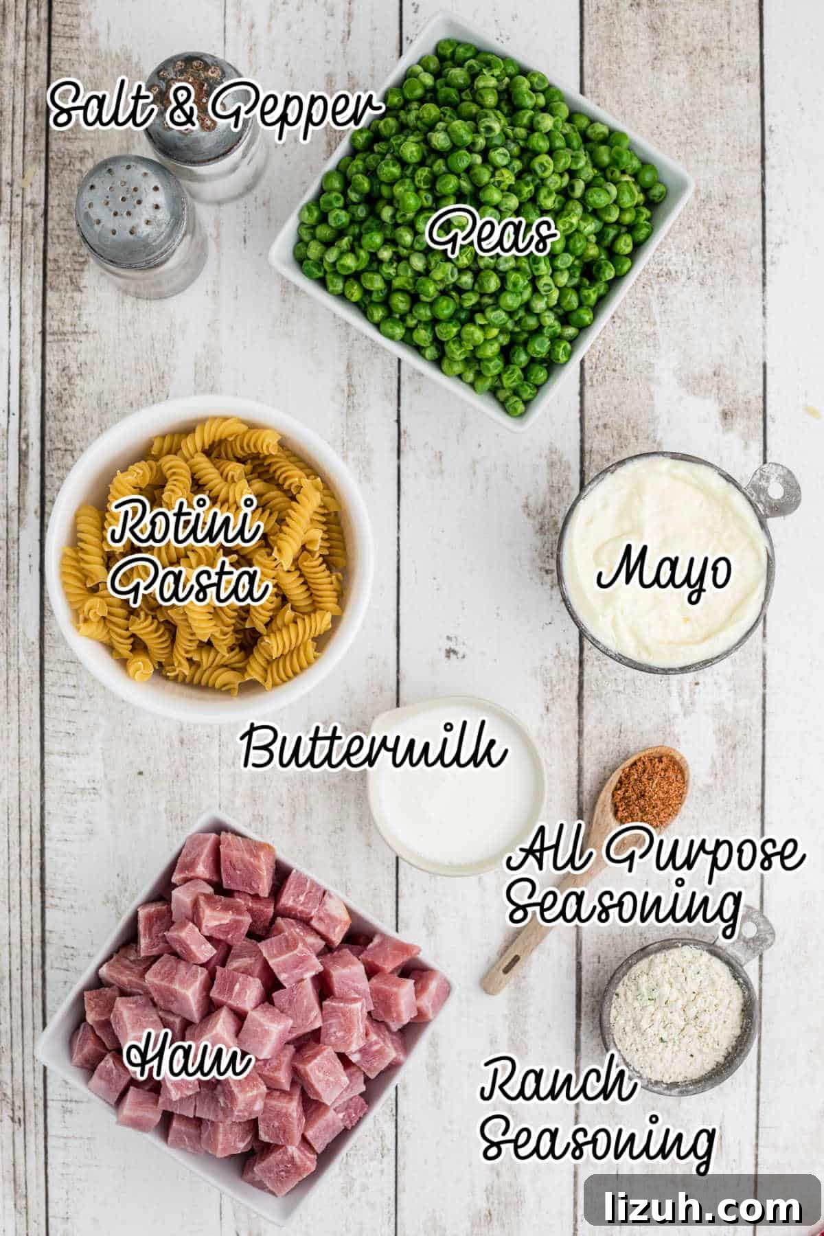 Ruby Tuesday-Style Ham and Pea Pasta Salad Recipe 3 Overhead shot of the ingredients needed to make Ruby Tuesday Ham and Pea pasta salad recipe.