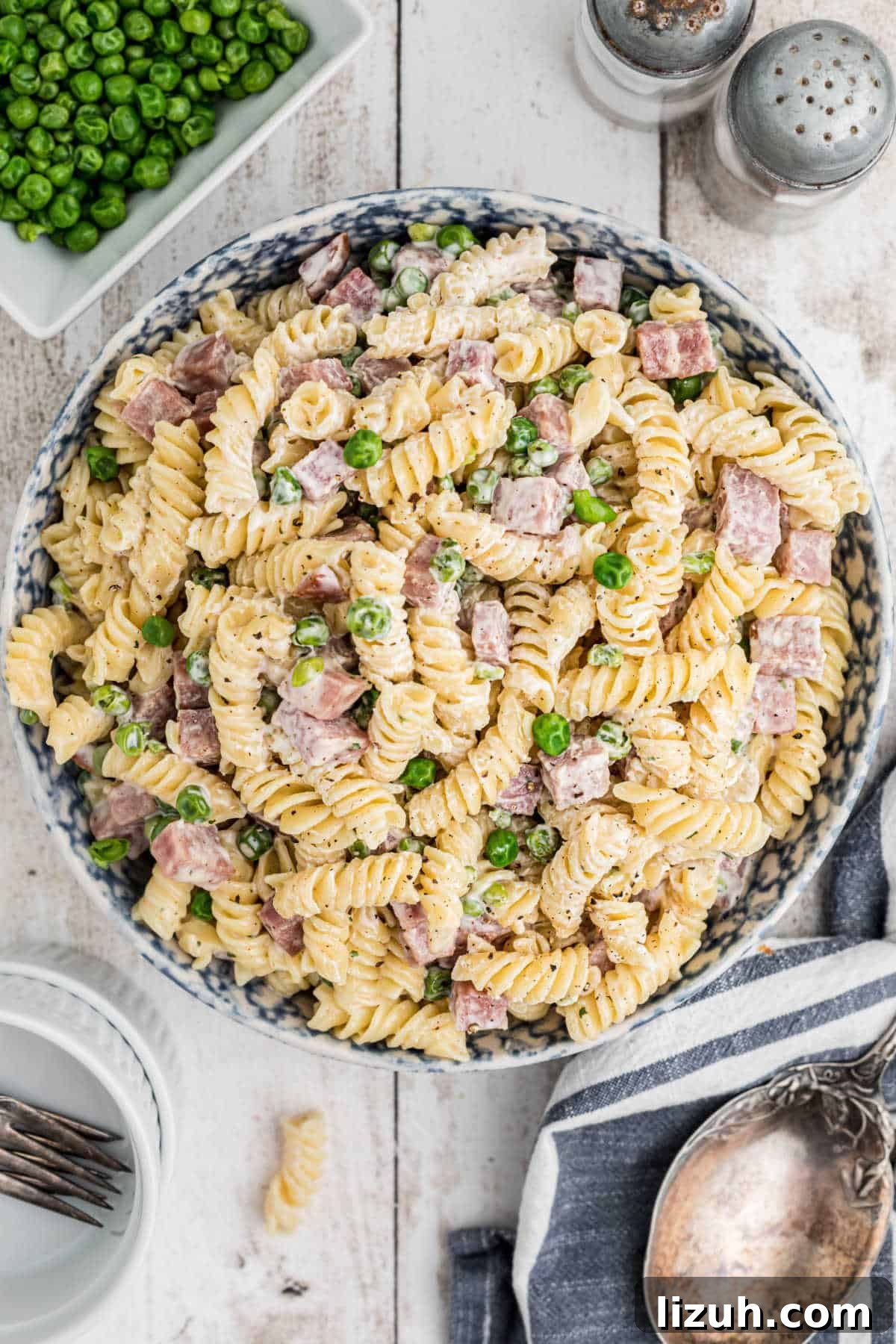 Ruby Tuesday-Style Ham and Pea Pasta Salad Recipe 8 Overhead shot of a bowl of Ruby Tuesday Ham and Pea Pasta Salad.