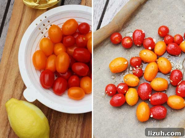 Slow-Roasted Tomato and Ricotta Bruschetta Recipe 4 Collage of 2 images with red and orange tomatoes in a white colander and then on a baking tray with baking paper.