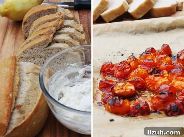 Slow-Roasted Tomato and Ricotta Bruschetta Recipe 6 Collage of 2 images showing ricotta in a bowl and sliced fresh bread and then roasted tomatoes on a baking sheet.