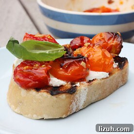 Slow-Roasted Tomato and Ricotta Bruschetta Recipe 9 A piece of toasted bread with slow-roasted tomatoes and ricotta on top, on a white plate.