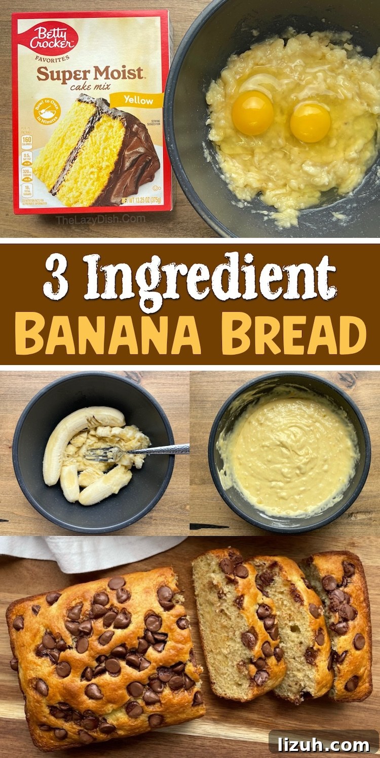 3-Ingredient Banana Bread Made with Cake Mix 11 How to make delicious banana bread at home with just 3 ingredients: a box of yellow cake mix, ripe bananas, and eggs. So easy and yummy! A family favorite treat for snacking or breakfast. You can also make this quick and easy recipe with chocolate chips or nuts. It makes two loaves of bread!