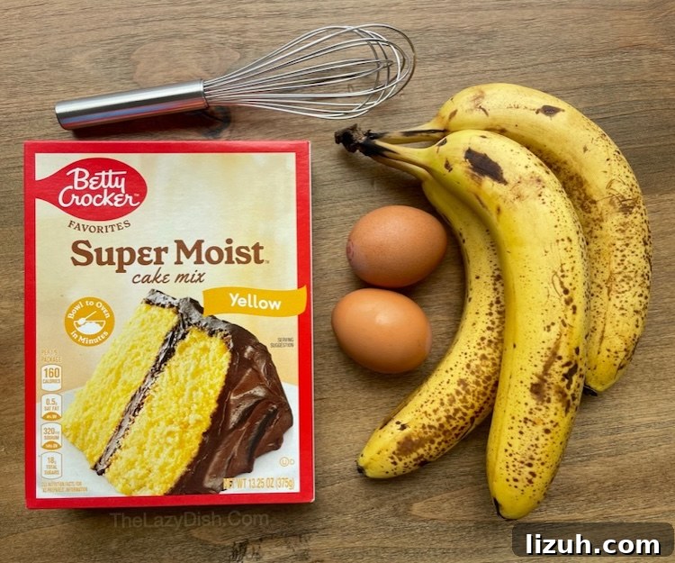 3-Ingredient Banana Bread Made with Cake Mix 3 Yellow Cake mix, ripe bananas, and eggs.