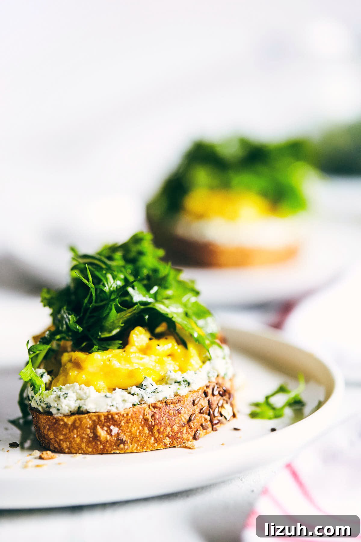 Herbed Goat Cheese Toast with Fluffy Scrambled Eggs 2 Side view of scrambled eggs and goat cheese toast topped with fresh arugula