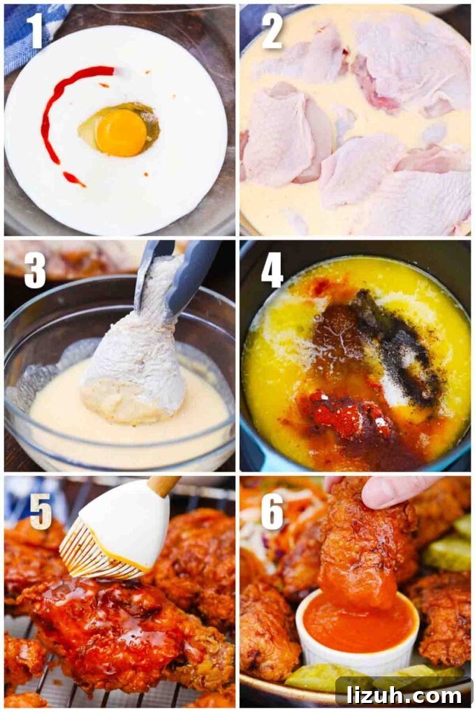 Nashville Hot Chicken: Crispy, Spicy Southern Recipe 4 collage of six photos showing how to make nashville hot chicken