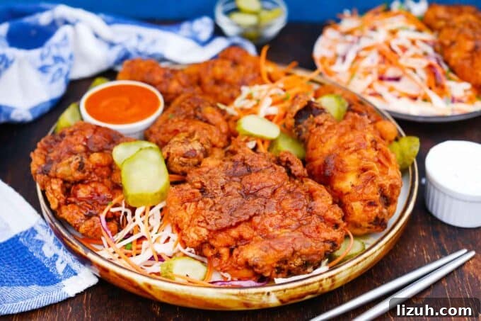 Nashville Hot Chicken: Crispy, Spicy Southern Recipe 6 a plate of crispy nashville hot chicken covered in hot sauce