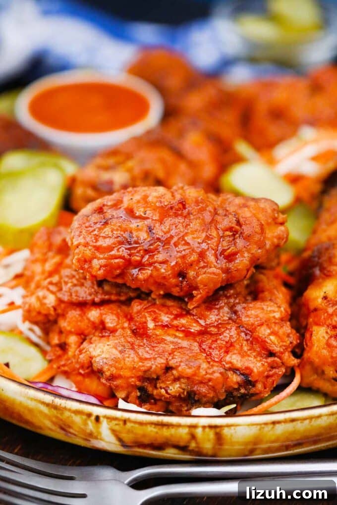 Nashville Hot Chicken: Crispy, Spicy Southern Recipe 7 fried nashville hot chicken pieces stacked on top of each other