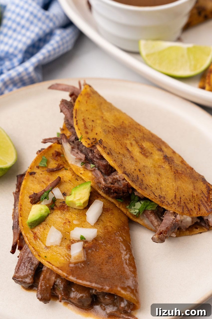 Instant Pot Birria Tacos Recipe — Rich, Juicy Beef Tacos 7 two instant pot birria tacos on a white plate