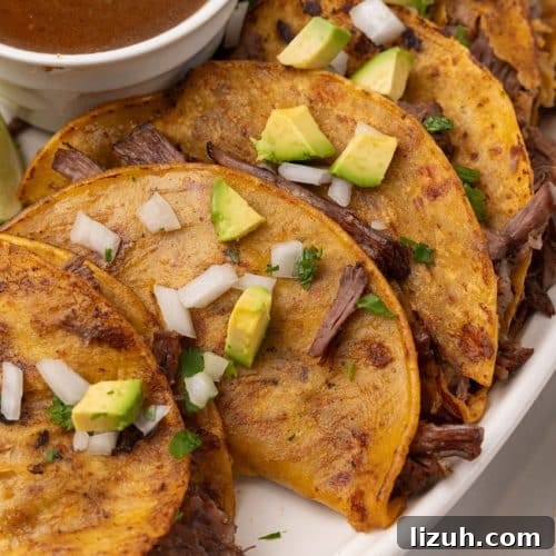 instant pot birria tacos topped with avocado pieces and diced white onion arranged in a row on a white serving platter