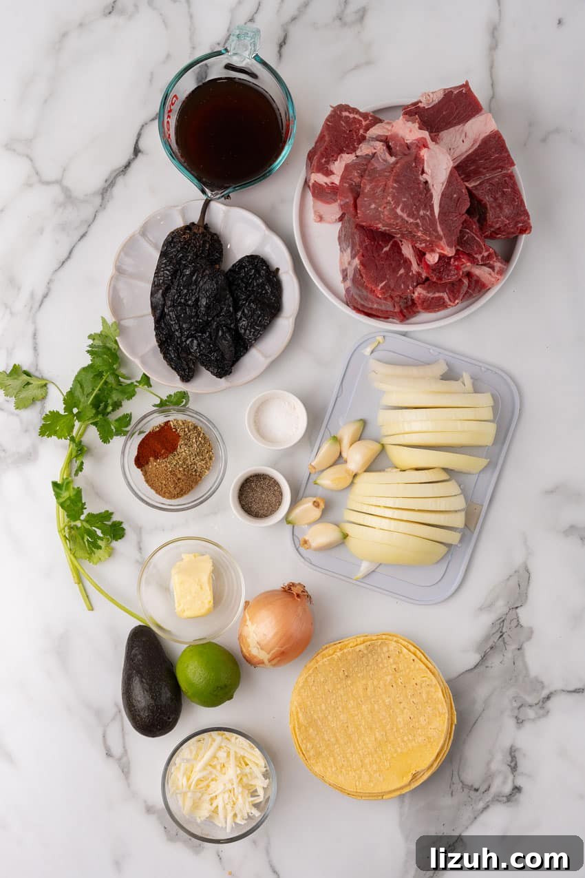 Instant Pot Birria Tacos Recipe — Rich, Juicy Beef Tacos 4 an overhead image showing the measured ingredients needed to make instant pot birria tacos