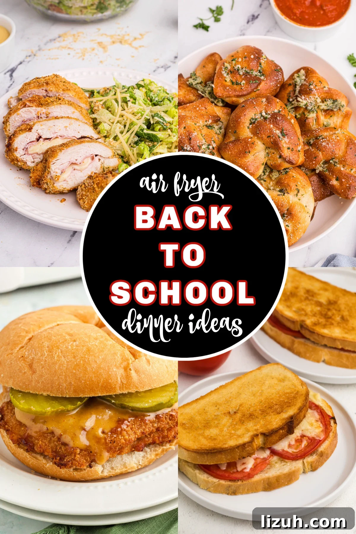 Collage of photos for air fryer back to school dinner ideas.
