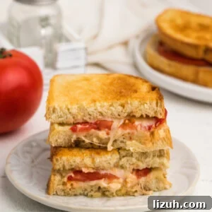 Sliced and stacked grilled tomato and cheese sandwich made in the air fryer and served on a white plate.