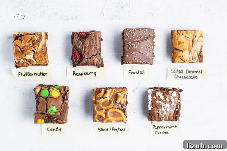 overhead photo of various kinds of brownies with labels