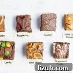 overhead photo of various kinds of brownies with labels