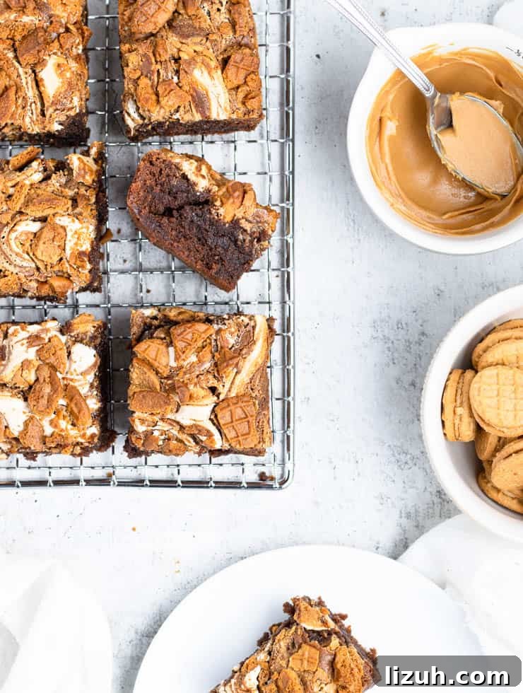 overhead view of fluffernutter brownies on a cooling rack