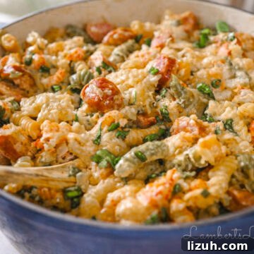 close up of crawfish monica pasta in a large pot.