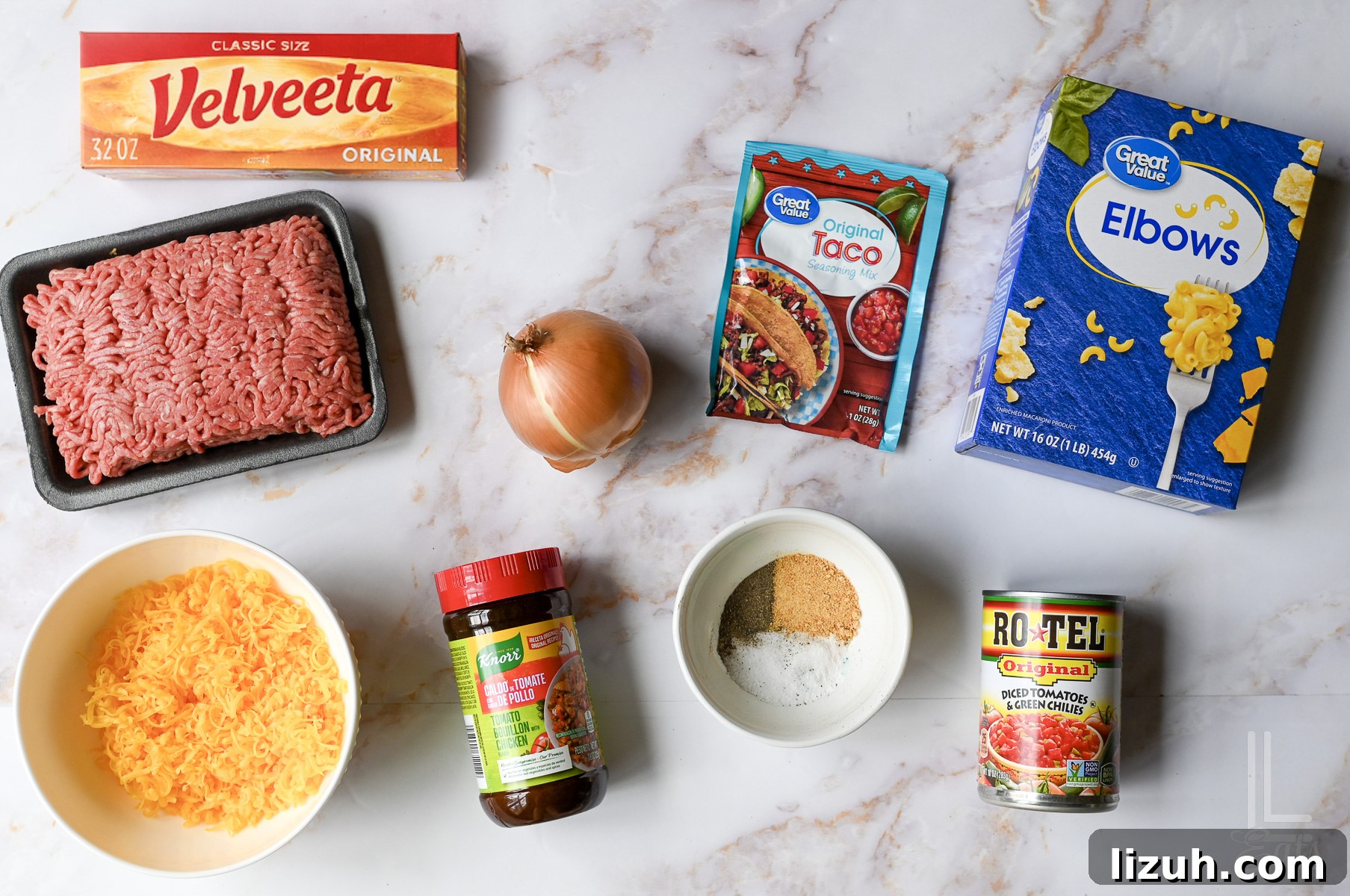 One-Pot Taco Mac and Cheese Recipe for Quick Weeknight Dinners 5 ingredients for taco macaroni and cheese.