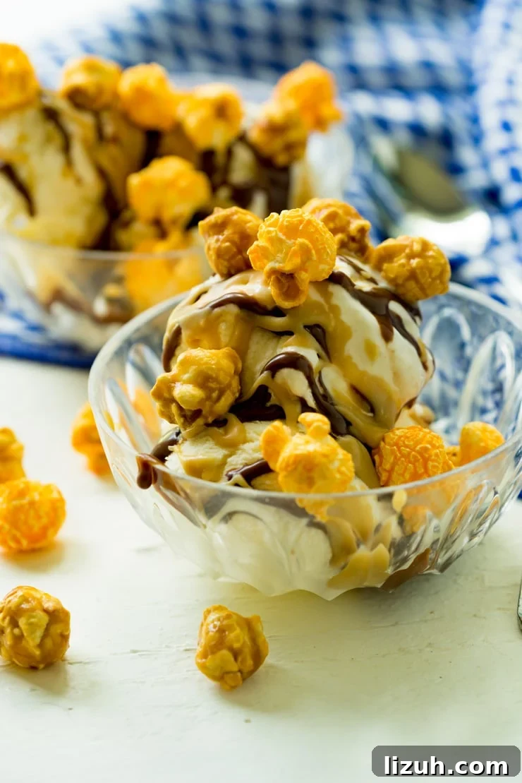 I've got my two favorite ice cream sundae topping recipes up today-- homemade hot fudge sauce made easy with sweetened condensed milk and a butterscotch caramel sauce with brown sugar! So delicious! Ice cream sundae with homemade hot fudge sauce, homemade butterscotch sauce and chicago mix popcorn