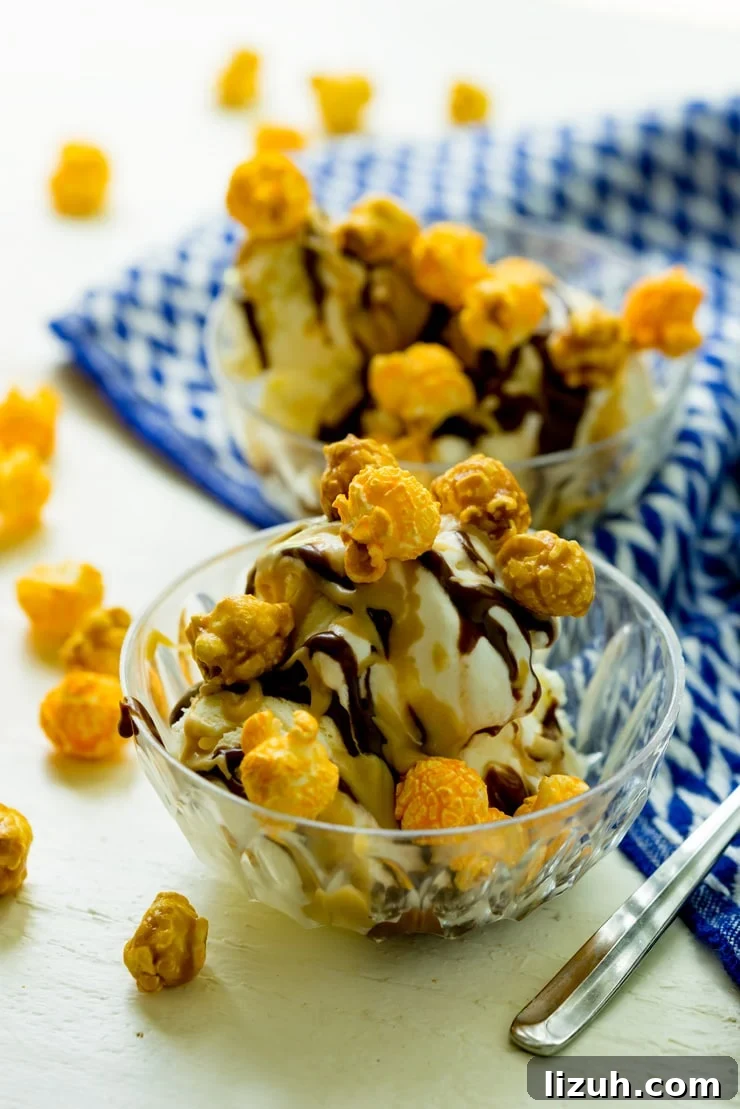 Popcorn sundaes are great for movie nights Ice cream sundae with homemade hot fudge sauce, homemade butterscotch sauce and chicago mix popcorn