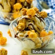 Cheese popcorn with hot fudge and butterscotch sauce