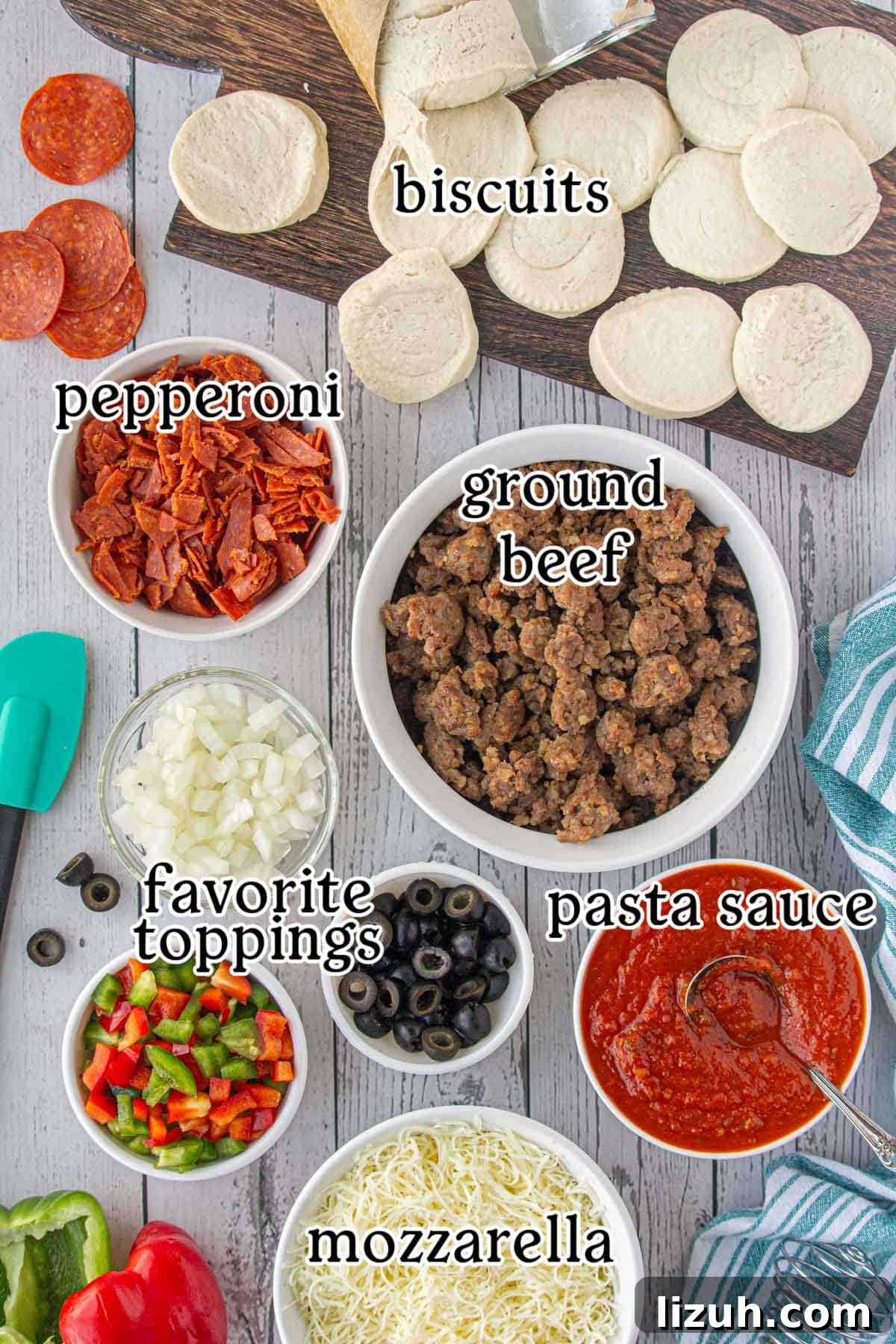 Mini Pizza Cups Recipe: Homemade Pizza Bites in 30 Minutes 3 The recipe ingredients with text labels.