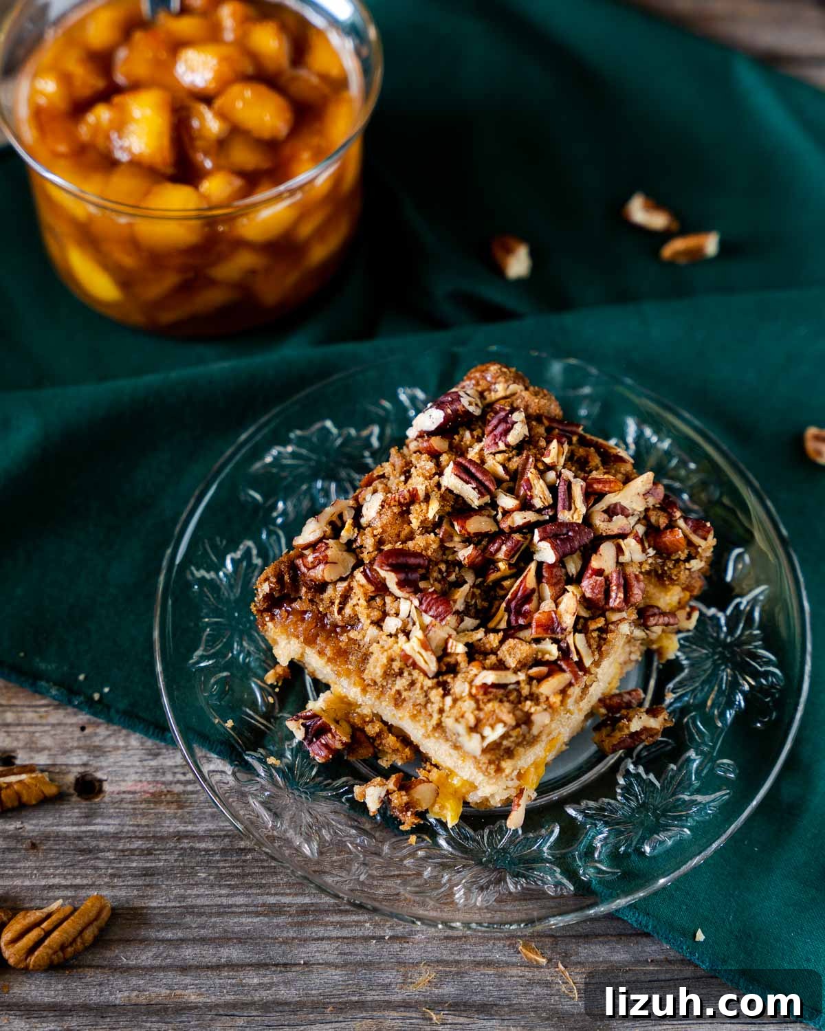 Top down view of homemade peach cobbler slice.