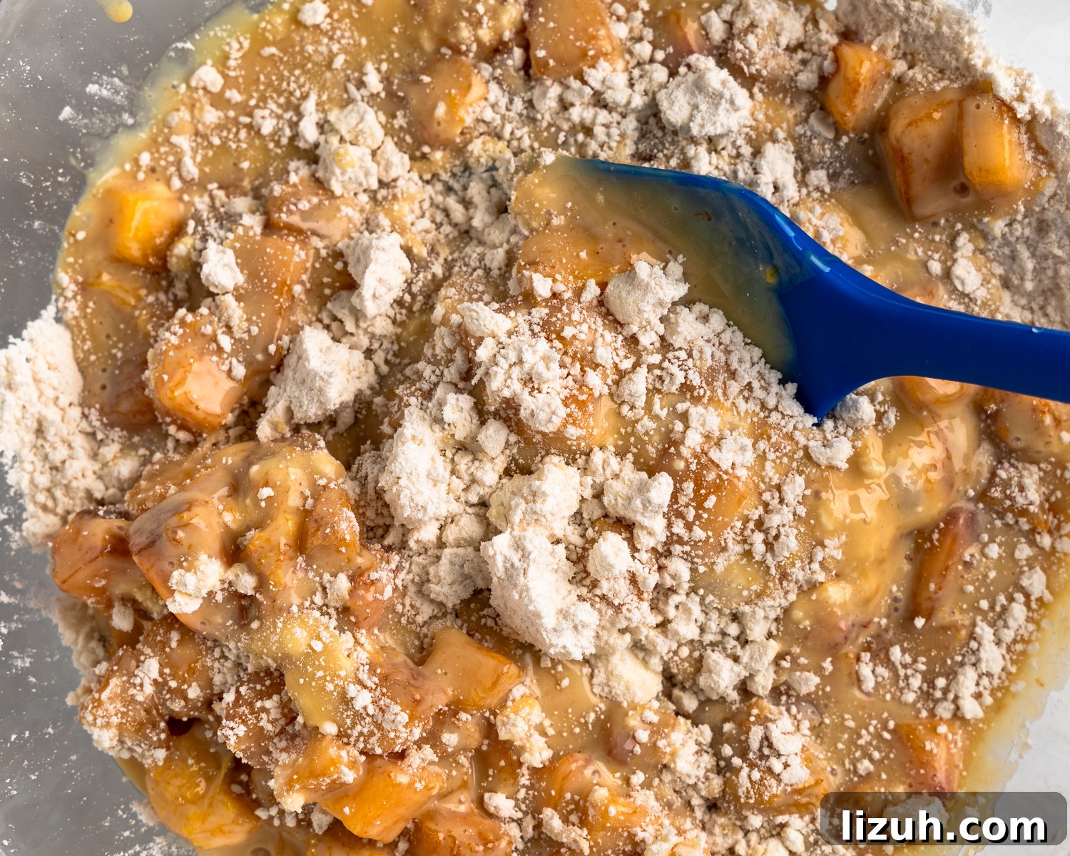 A gallery of 3 photos showing the steps to mix peach cobbler.