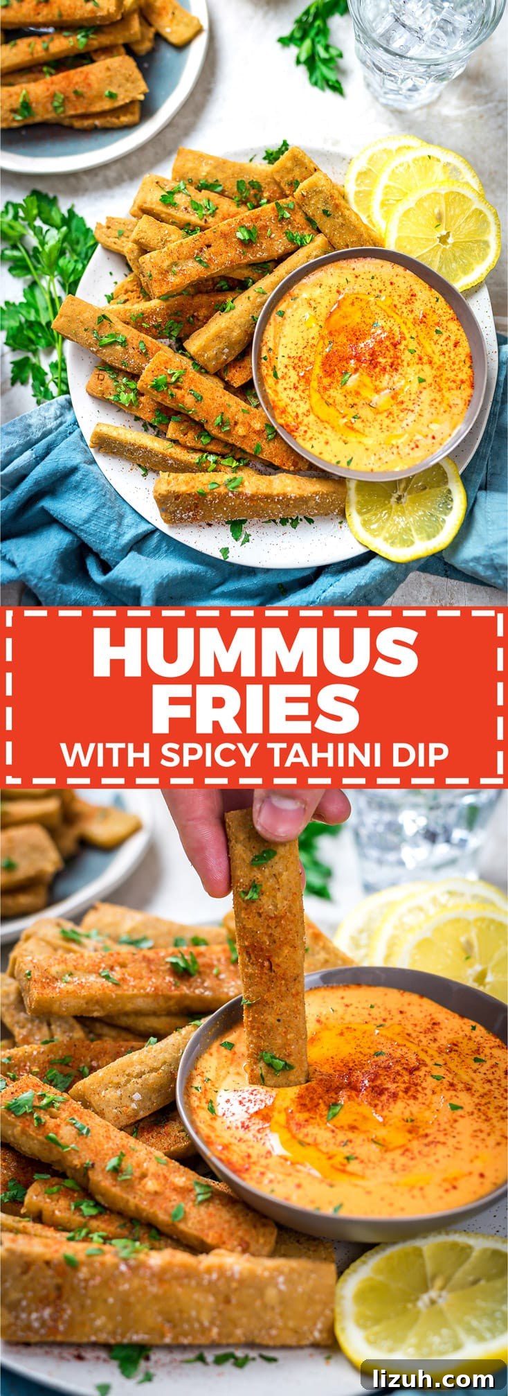 Hummus Fries with Spicy Tahini Dipping Sauce 3 Hummus Fries with Spicy Tahini Dip. These fritters are made with chickpea flour and tahini for a crisp-exteriored snack with a custardy, hummus-like center. | hostthetoast.com