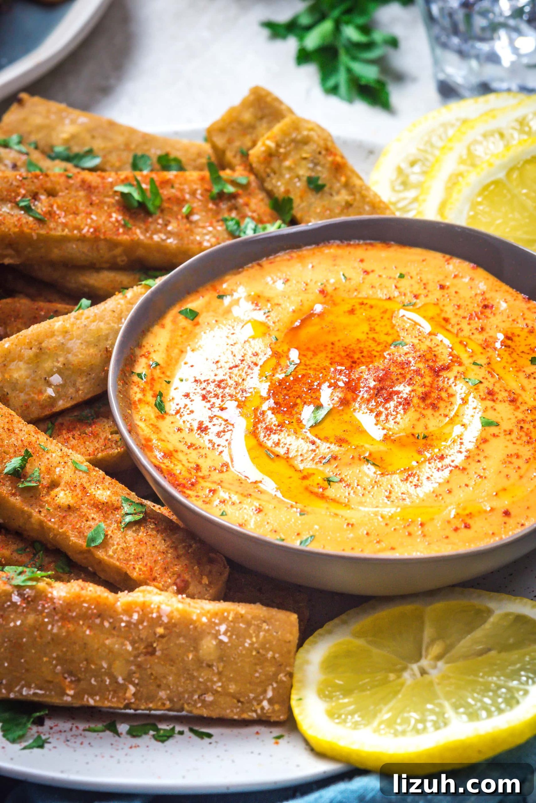 Hummus Fries with Spicy Tahini Dipping Sauce 5 Close up of Hummus Fries with Spicy Tahini Dip.