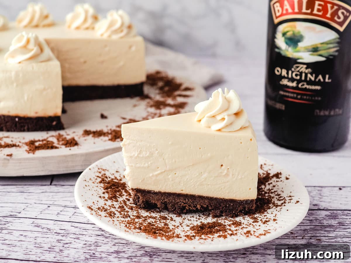 No-Bake Baileys Cheesecake Recipe: Creamy Irish Cream Dessert 2 No bake Baileys cheesecake on a plate with cheesecake and Baileys in the background.