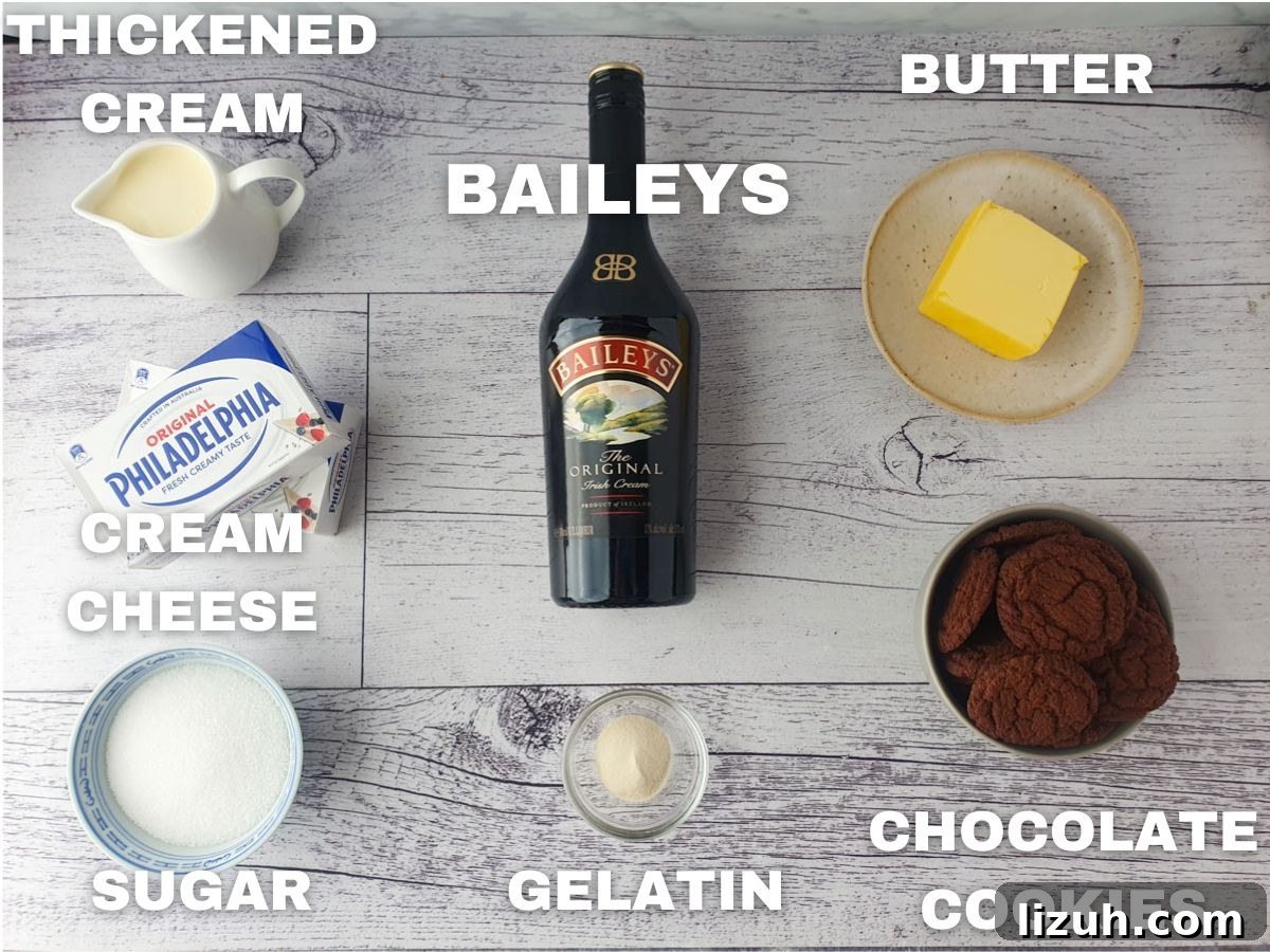No-Bake Baileys Cheesecake Recipe: Creamy Irish Cream Dessert 3 Ingredients: thickened cream, cream cheese, granulated sugar, Baileys, gelatin, unsalted butter, chocolate cookies.