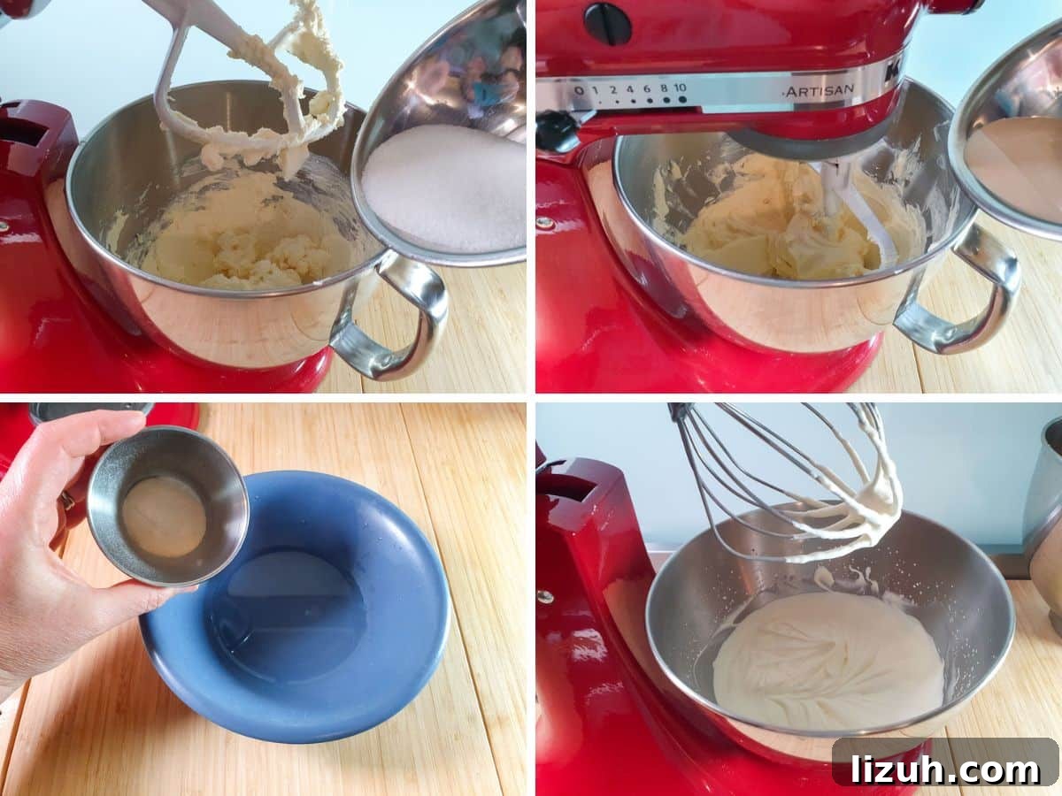 No-Bake Baileys Cheesecake Recipe: Creamy Irish Cream Dessert 5 Baileys Cheesecake process shots: adding sugar and Baileys to room temp cream cheese, blooming gelatine in water, whipping cream in a separate bowl.