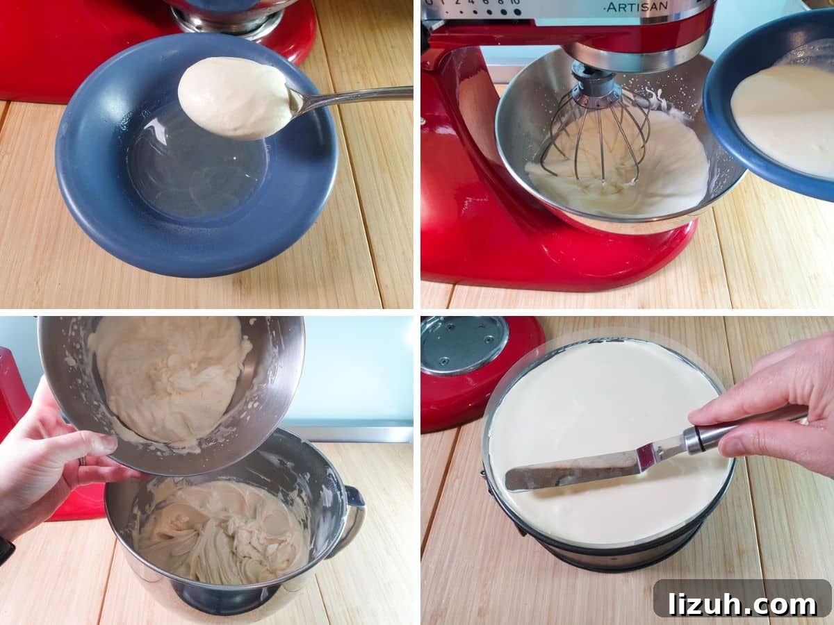 No-Bake Baileys Cheesecake Recipe: Creamy Irish Cream Dessert 6 Baileys Cheesecake process shots: tempering gelatine by adding one spoonful of cream, adding gelatin to whipped cream, adding cream to rest of filling, smoothing filling over base.