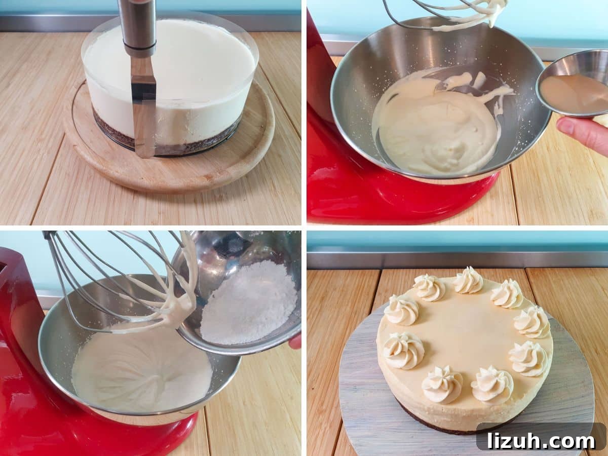 No-Bake Baileys Cheesecake Recipe: Creamy Irish Cream Dessert 7 Process shots: smoothing sides of cake, adding Baileys and powdered sugar to whipped cream, piping Baileys whipped cream on top of Baileys cheesecake.