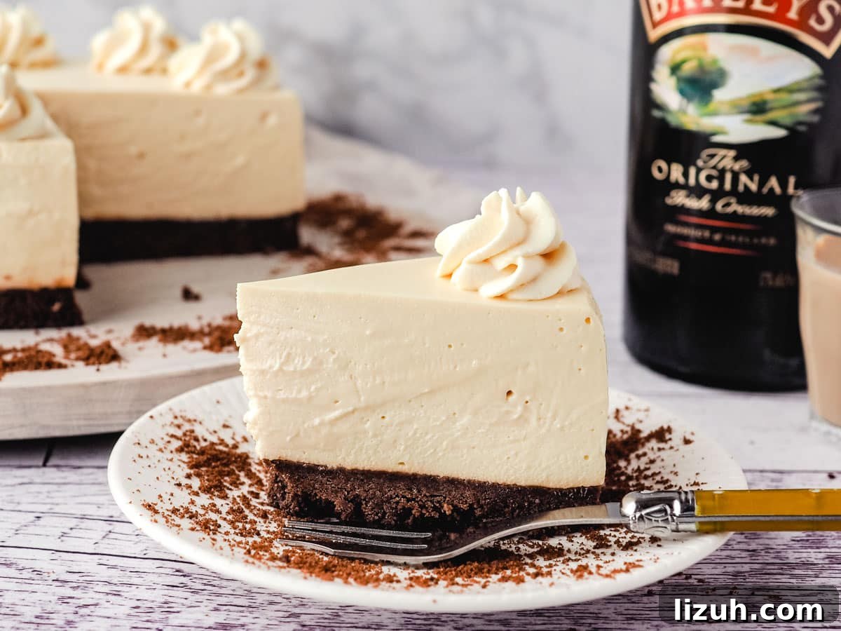 No-Bake Baileys Cheesecake Recipe: Creamy Irish Cream Dessert 9 Baileys cheesecake on a plate with cheesecake and Baileys in the background.