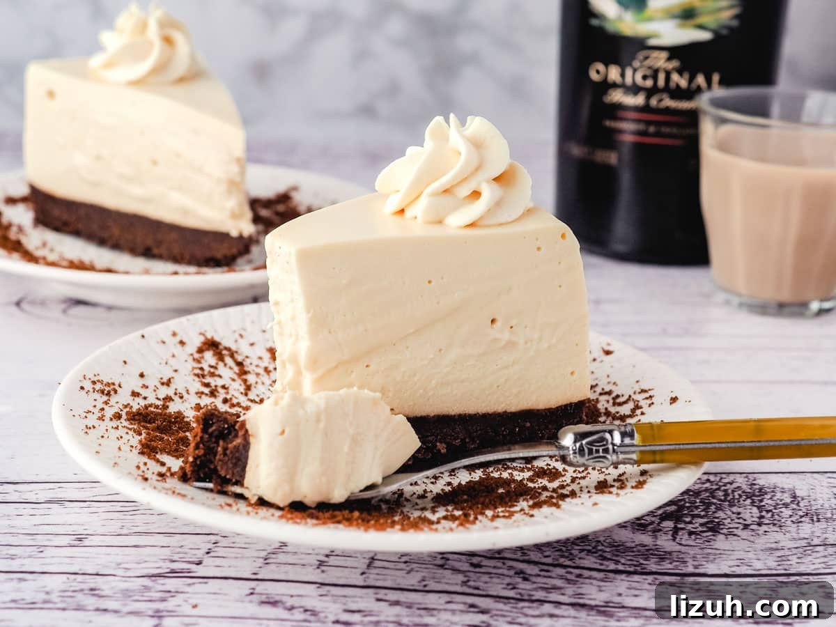 No-Bake Baileys Cheesecake Recipe: Creamy Irish Cream Dessert 10 Slice of Baileys cheesecake on a plate with a forkful taken out.
